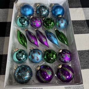 19 Assorted Christmas Glass Ornaments peacock feather design glitter